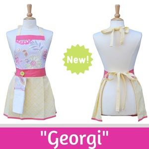 Apron “Georgi” – Floral pattern with a yellow and white diamond pattern skirt